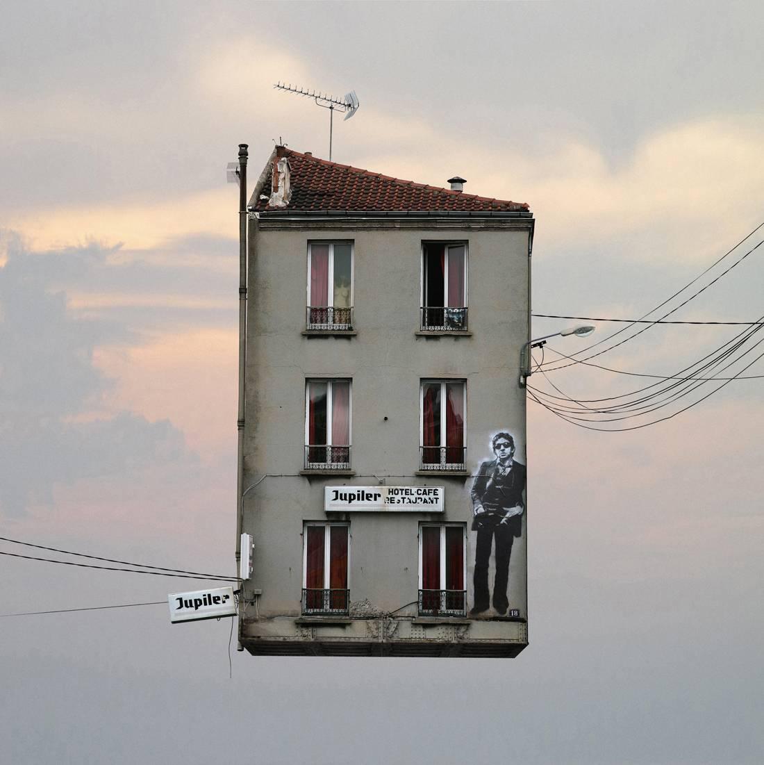 Gainsbourg - Digital whimsical color photograph of a flying Parisian house
