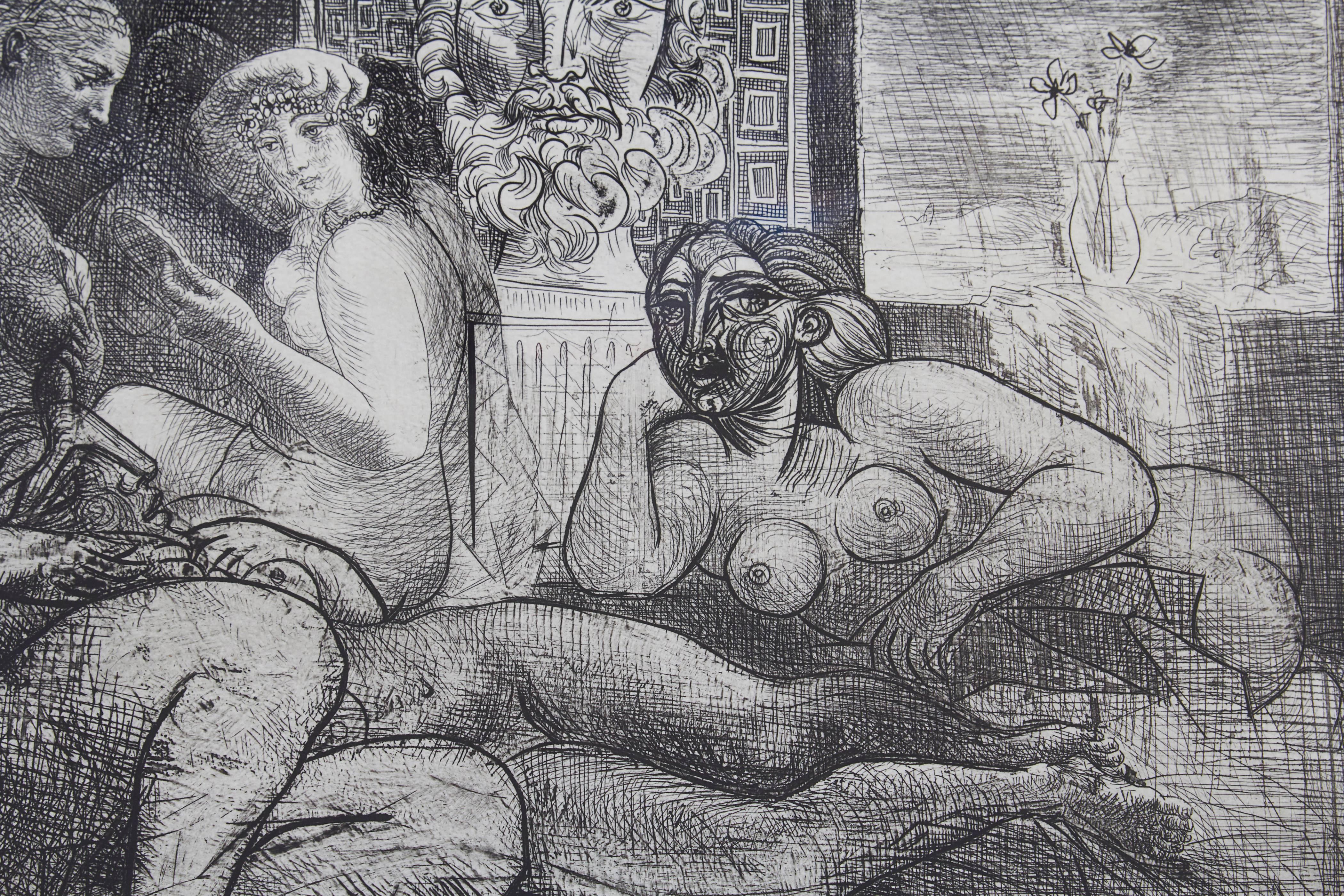 Pablo Picasso (1881-1973)
Quatre Femmes Nues et Tete Sculptee 
(Bloch 219)
1934
Etching and drypoint on laid paper with the Vollard watermark
Image size: 8 5/8 x 12 1/4 inches 
Framed size: 21 1/2 x 24 3/4 inches 
Edition of 250
Signed in