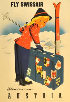Original vintage ski poster promoting winter sports in Austria, Fly Swissair