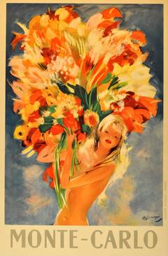Original Vintage Monte Carlo Travel Poster Pin-Up Style Flower Girl By Domergue