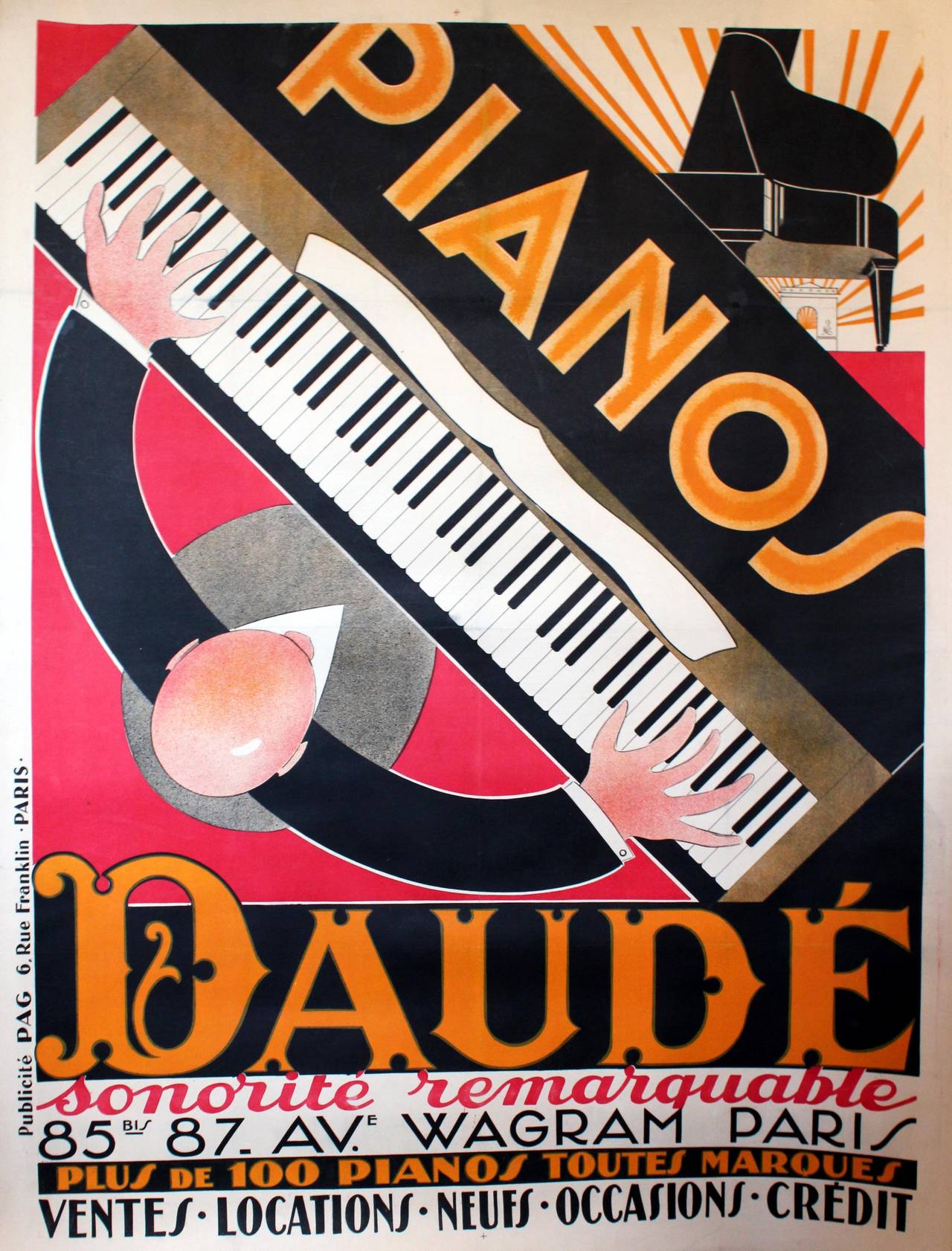 Print Andre Daude - Grande affiche publicitaire originale Art Déco vintage des années 1920 pour Piano Daude:: Paris