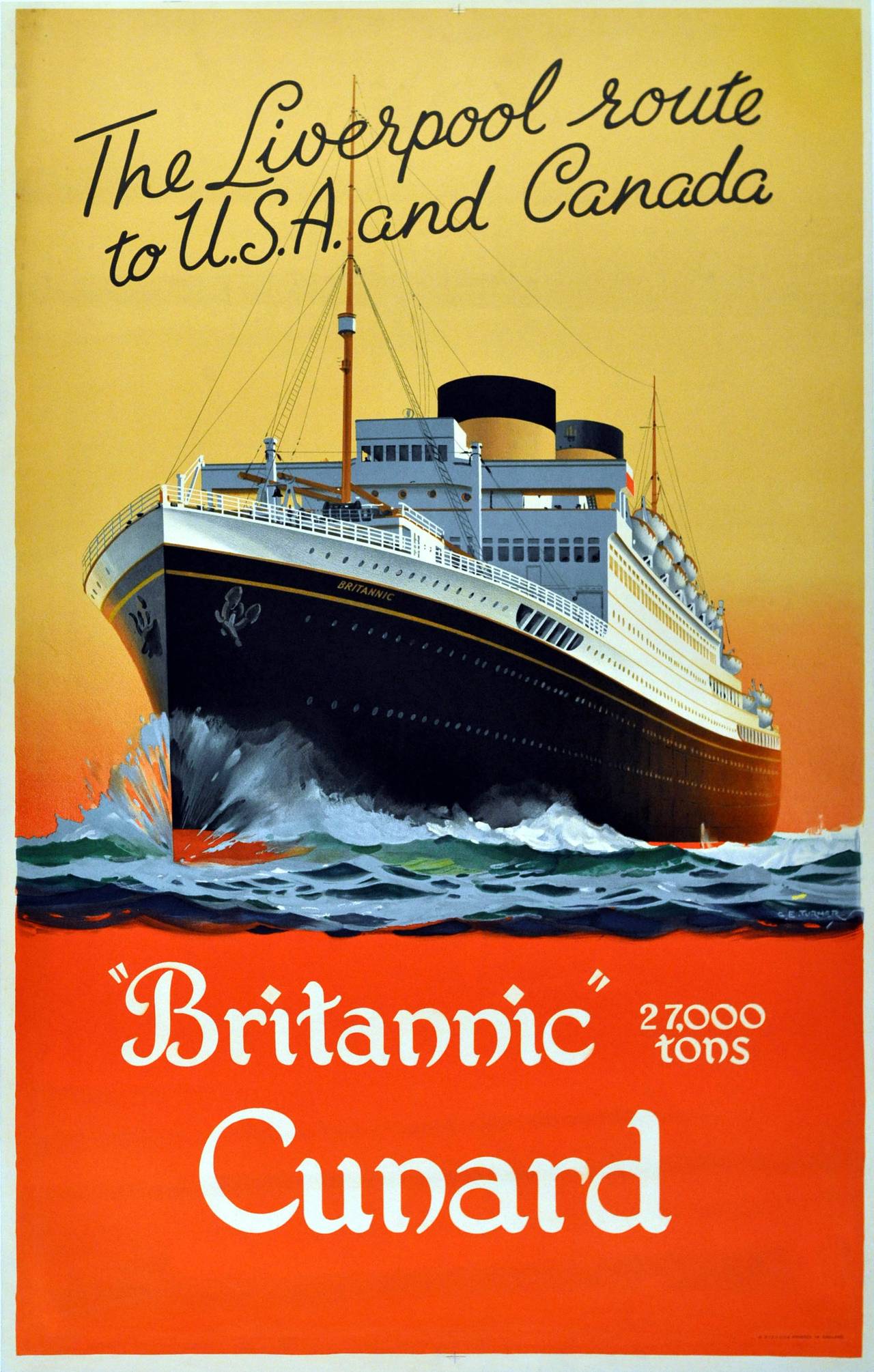 Charles Eddowes Turner Print - Original 1930s Poster for Cunard Britannic The Liverpool Route to USA and Canada