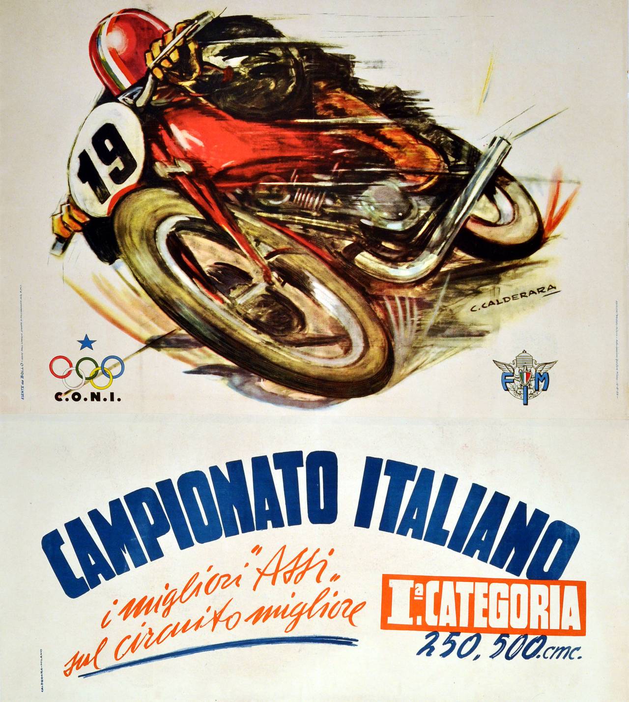 Unknown Print - Large Original Vintage Motorcycling Poster for the Italian Championships 1950