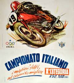 Large Original Vintage Motorcycling Poster for the Italian Championships 1950
