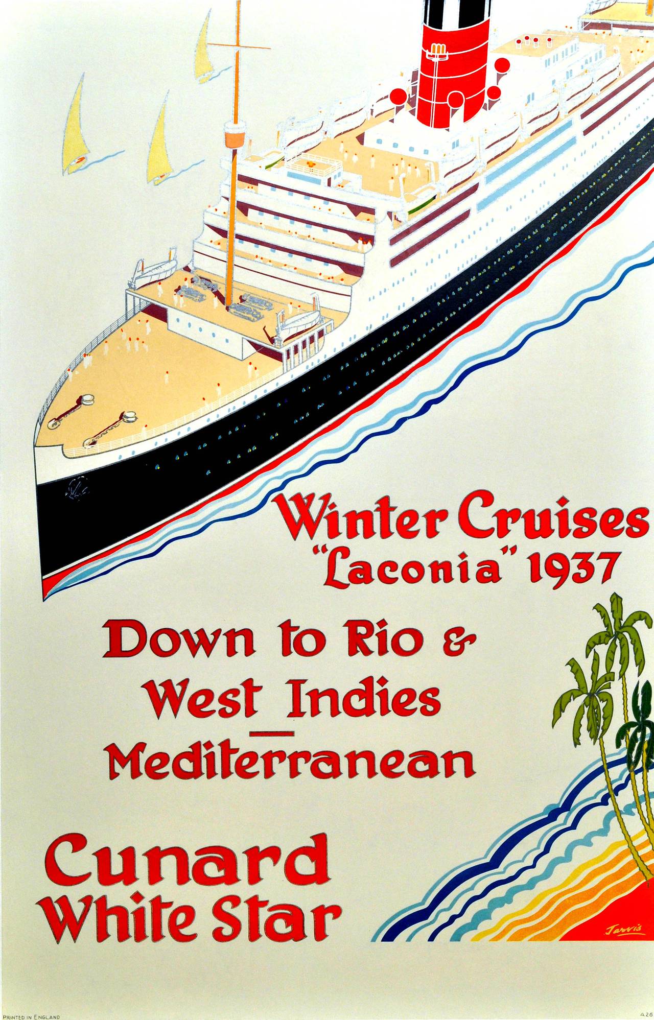 Jarvis Print - Original Vintage Art Deco Poster - Cunard White Star Winter Cruises Laconia 1937