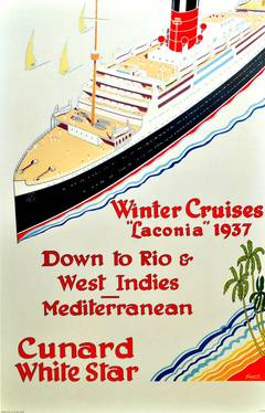 Original Vintage Art Deco Poster - Cunard White Star Winter Cruises Laconia 1937