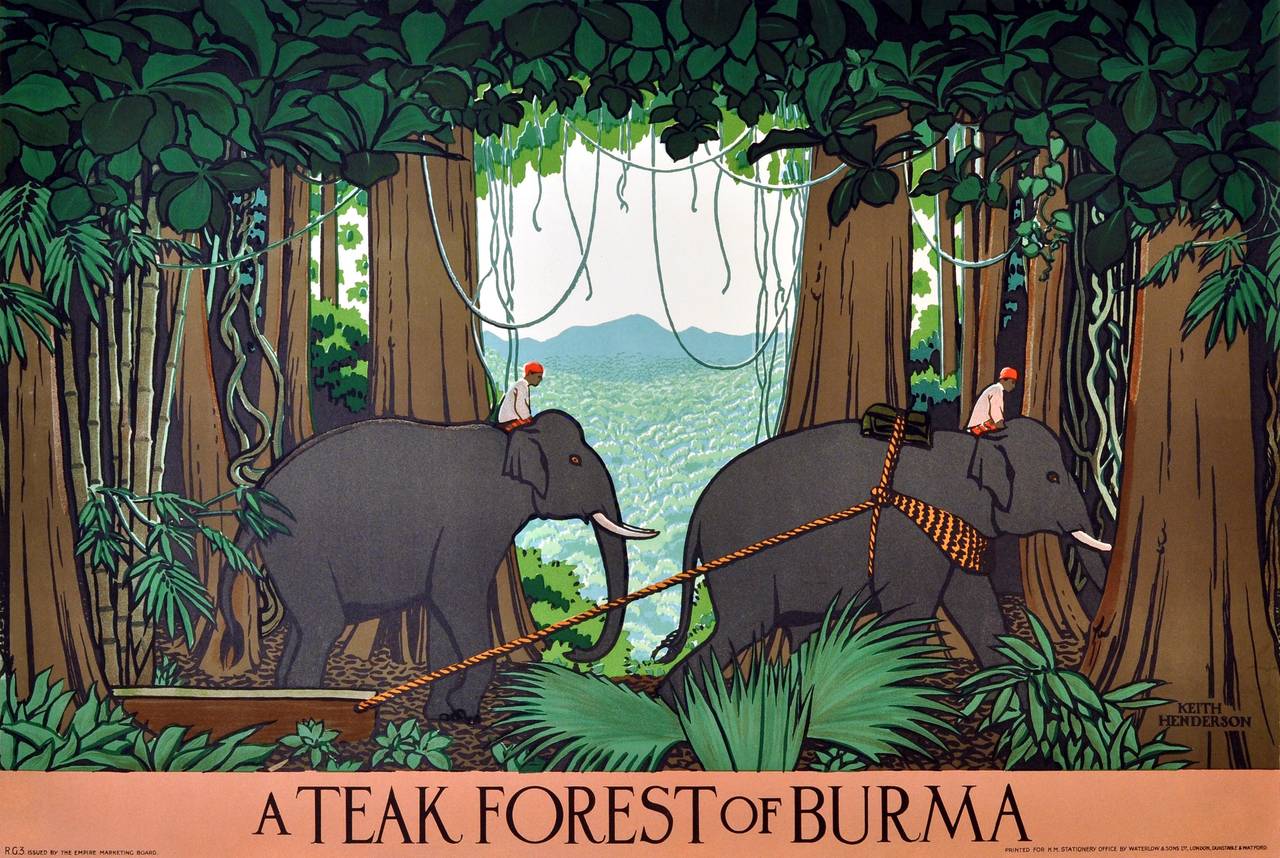 Keith Henderson Print - Original 1930s Empire Marketing Board Poster: A Teak Forest of Burma (Myanmar)