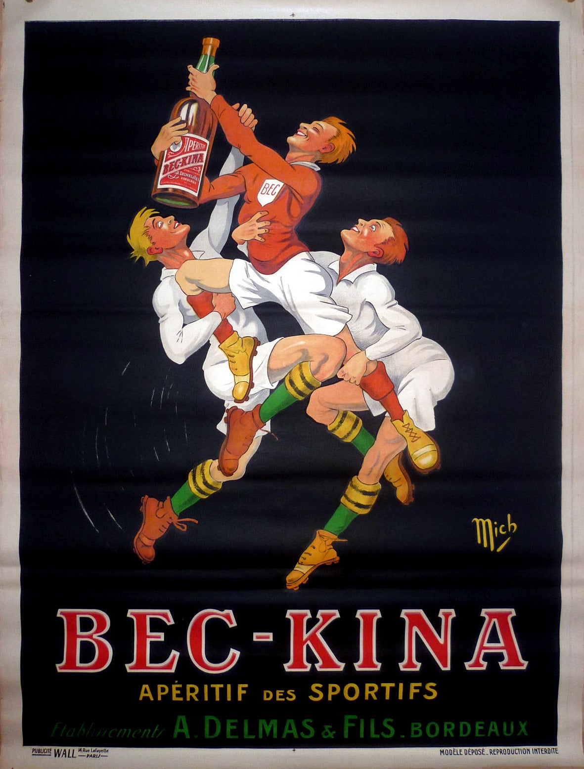 Michel Liebeaux Print - Large Original Vintage 1920s Advertising Poster For Bec Kina: Rugby, By Mich