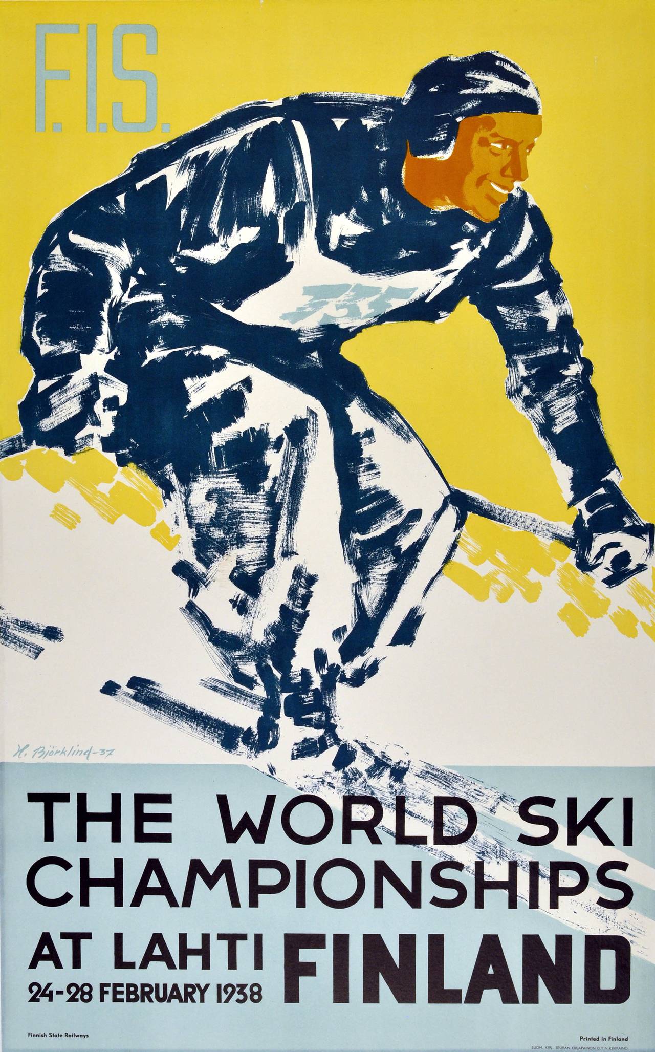 Unknown Print - Original Vintage Poster For The 1938 World Ski Championships At Lahti, Finland