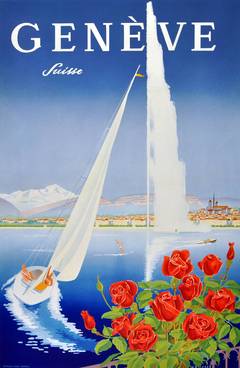 Original Vintage Poster For Geneva Switzerland: Sailing, Waterskiing On The Lake
