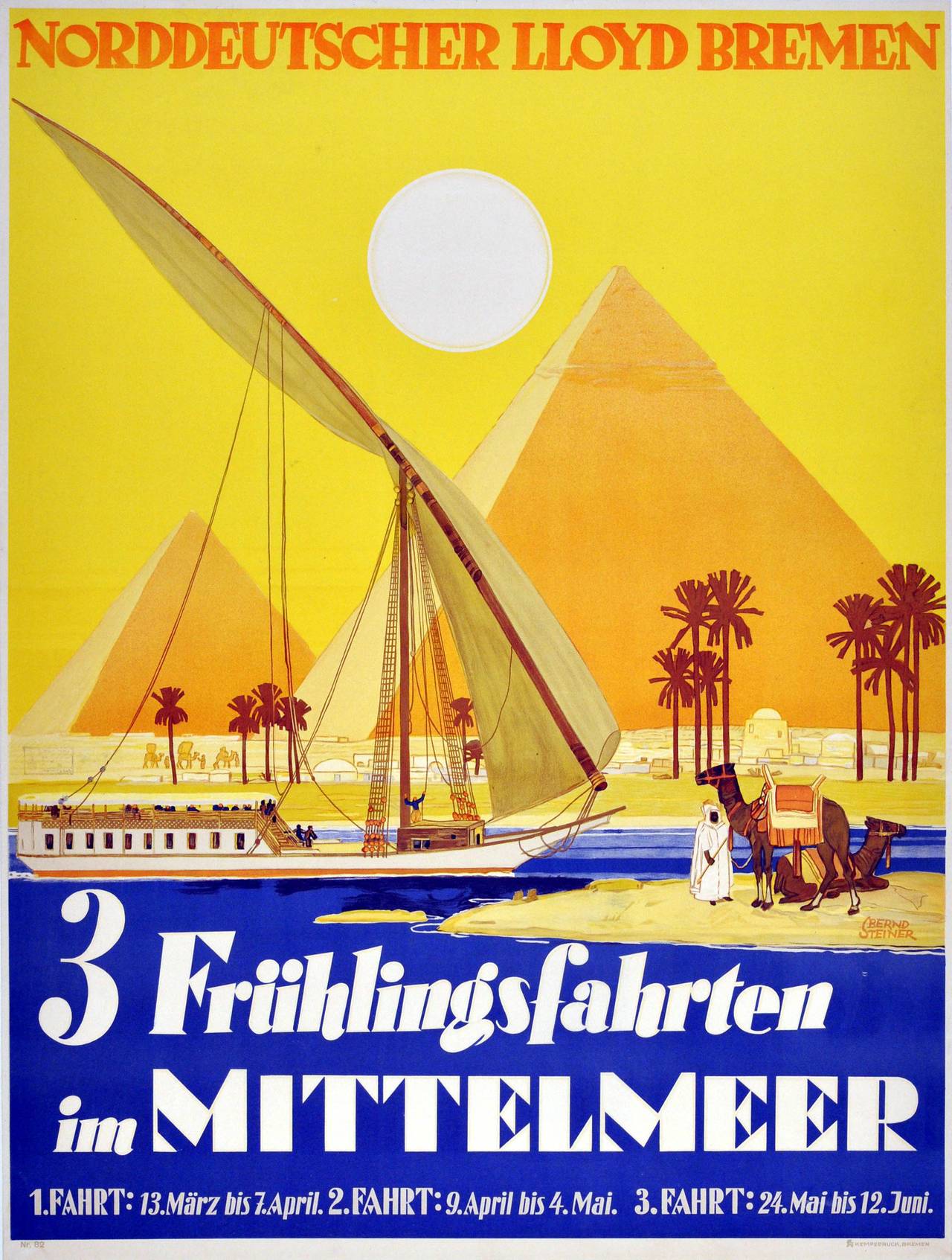 Bernd Steiner Print - Original 1920s Spring Cruises Poster For Egypt By Norddeutscher Lloyd Bremen