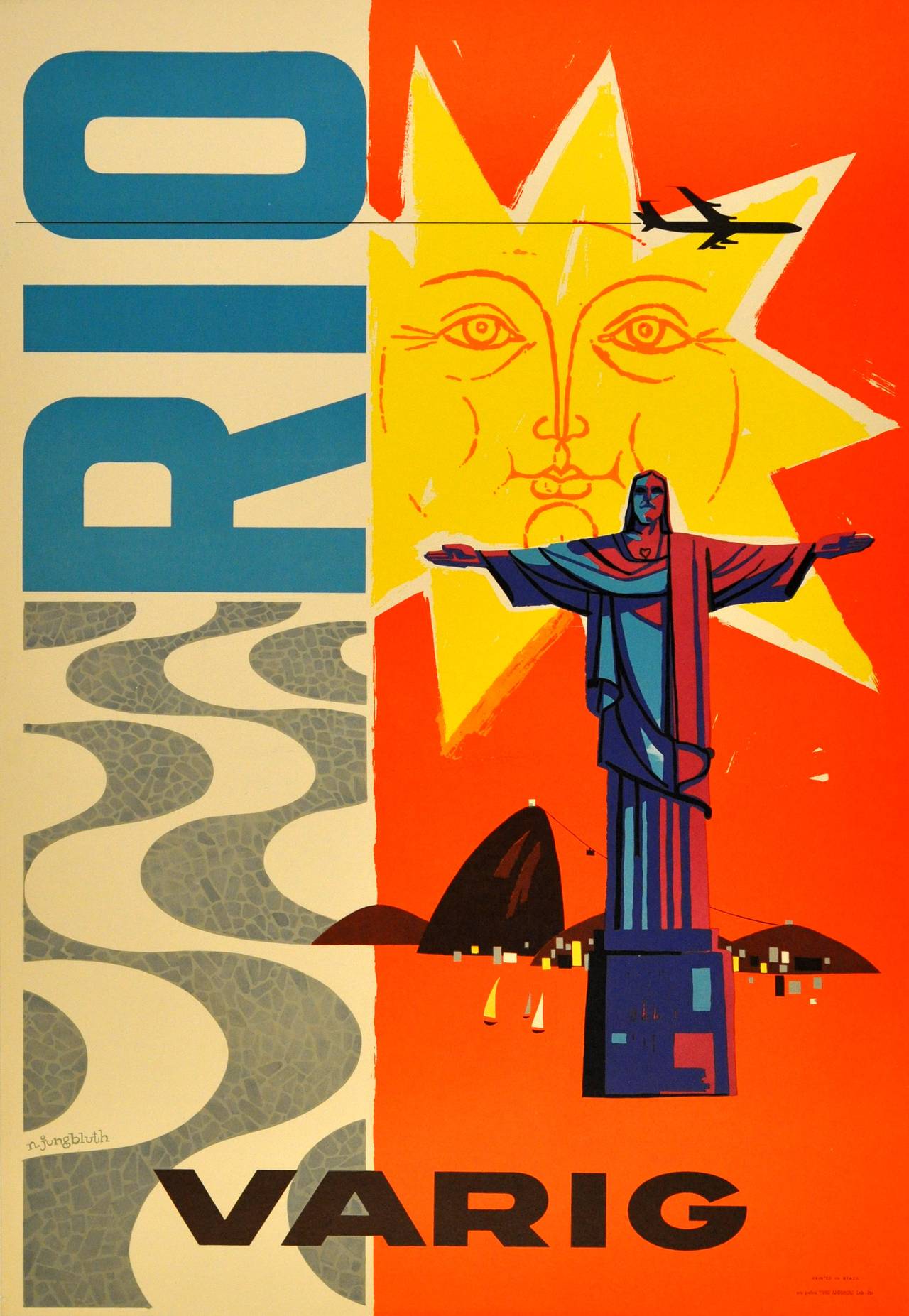 Print Nelson Jungbluth - Affiche publicitaire originale de voyage vintage pour Rio De Janeiro par Varig Airlines