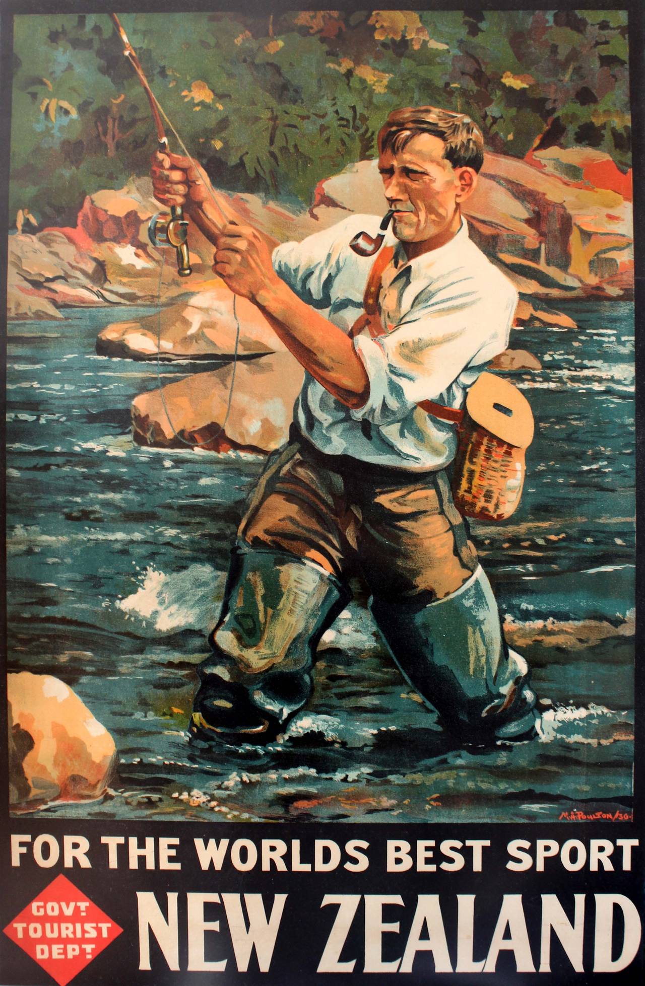 Maurice Poulton - Original Vintage Travel Poster: New Zealand Fly Fishing,  The World's Best Sport at 1stDibs