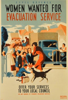 Originalplakat aus dem Zweiten Weltkrieg: „Civil Defence Women Wanted For Evacuation Service“