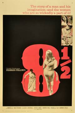 Original Vintage Movie Poster For Federico Fellini's Award Winning Film, 8 1/2