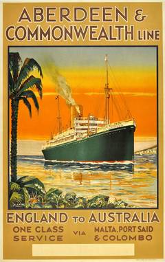 Vintage Original 1930s Aberdeen & Commonwealth Cruise Line Poster - England To Australia