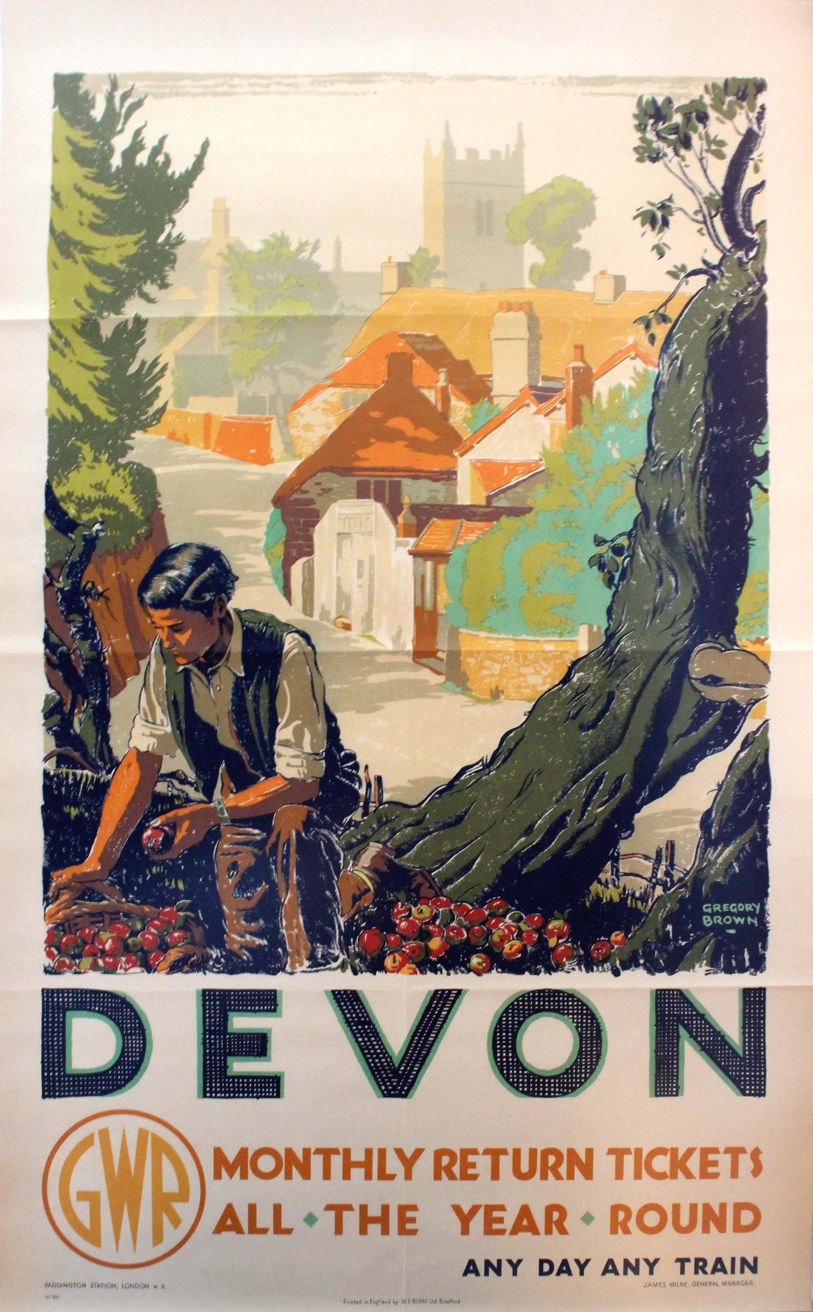 F. Gregory Brown Print - Original 1930s Great Western Railway GWR Poster - Devon - Any Day Any Train