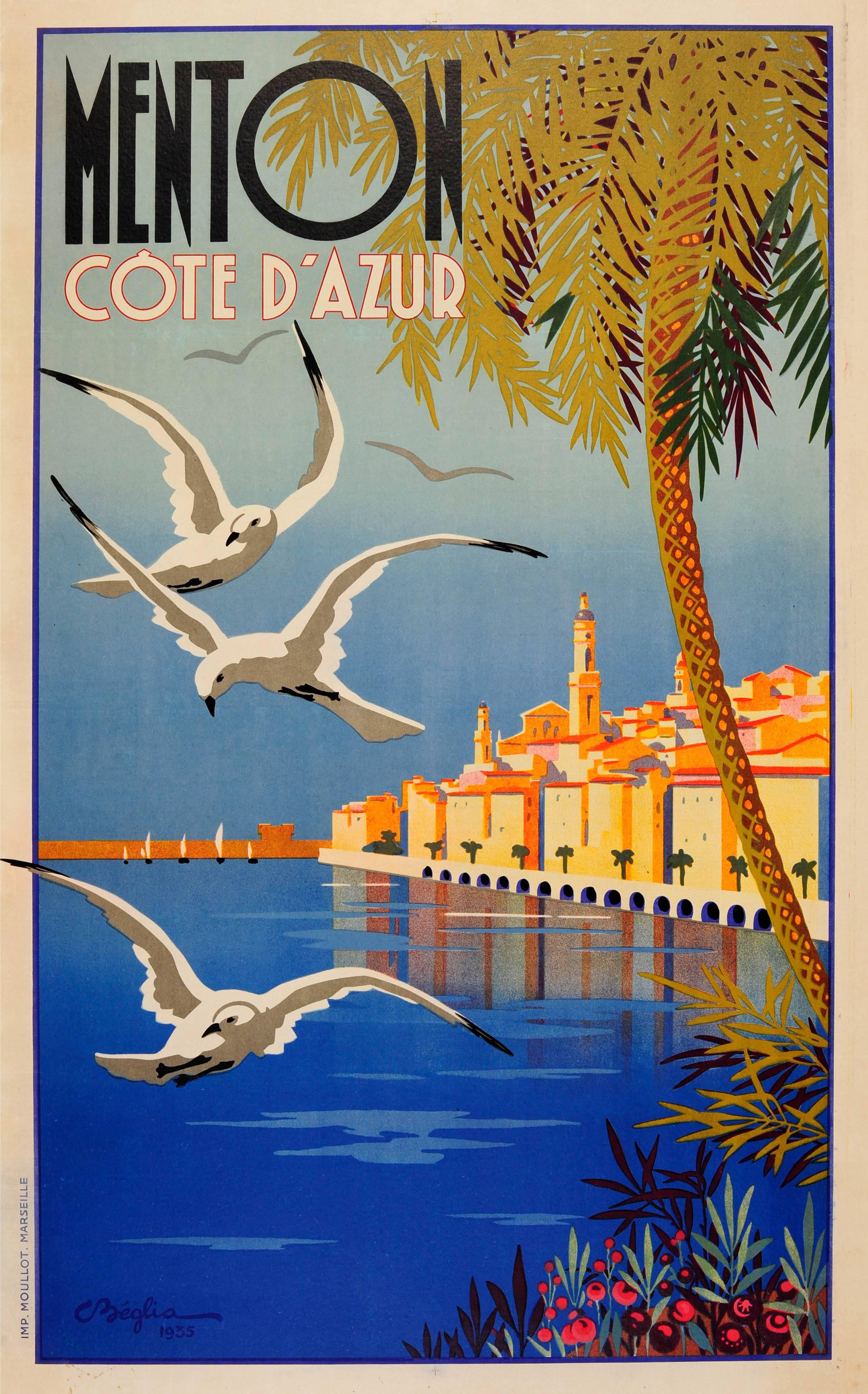 Original vintage travel poster for Menton Cote d'Azur featuring a great image of seagulls flying above clear blue sea with sailing boats in front of a harbour wall in the distance, the town running along a promenade and a palm tree with flowers in