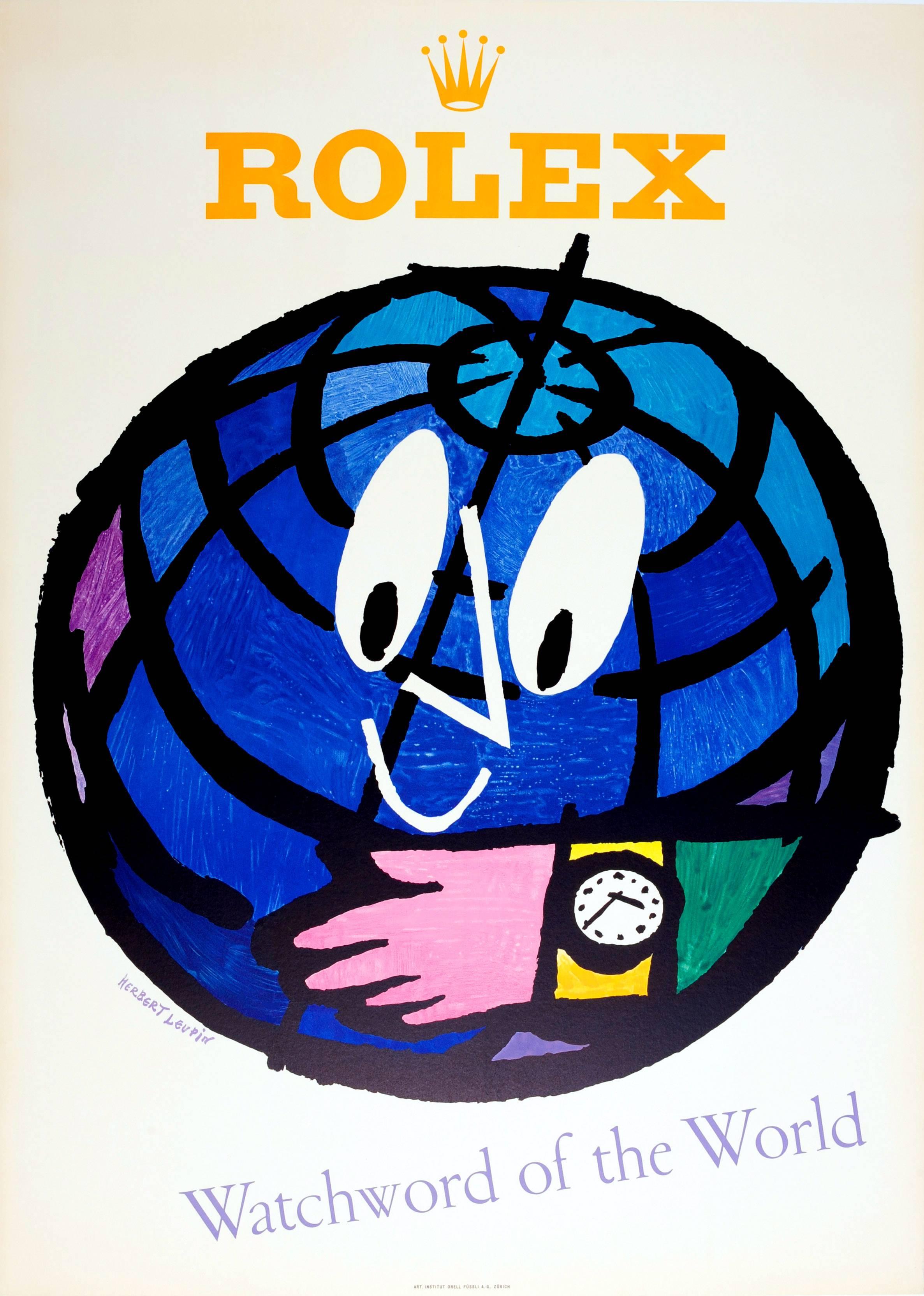 Herbert Leupin Print - Original Vintage Advertising Poster By Leupin For Rolex - Watchword Of The World