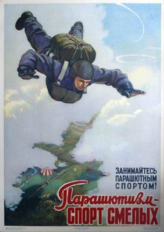 Original Vintage Soviet Poster Featuring Parachute Jumpers - Sport For The Brave