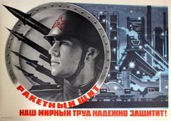 Original Soviet Propaganda Poster Rocket Shield Will Protect Our Peaceful Labour