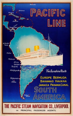 Vintage Original Pacific Line Cruise Ship Poster - The Sunshine Route To South America