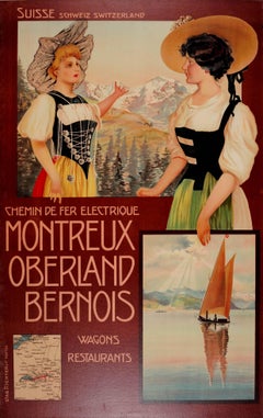 Antique Original 1900s Montreux Oberland Bernois Railway Poster, Switzerland MOB Railway