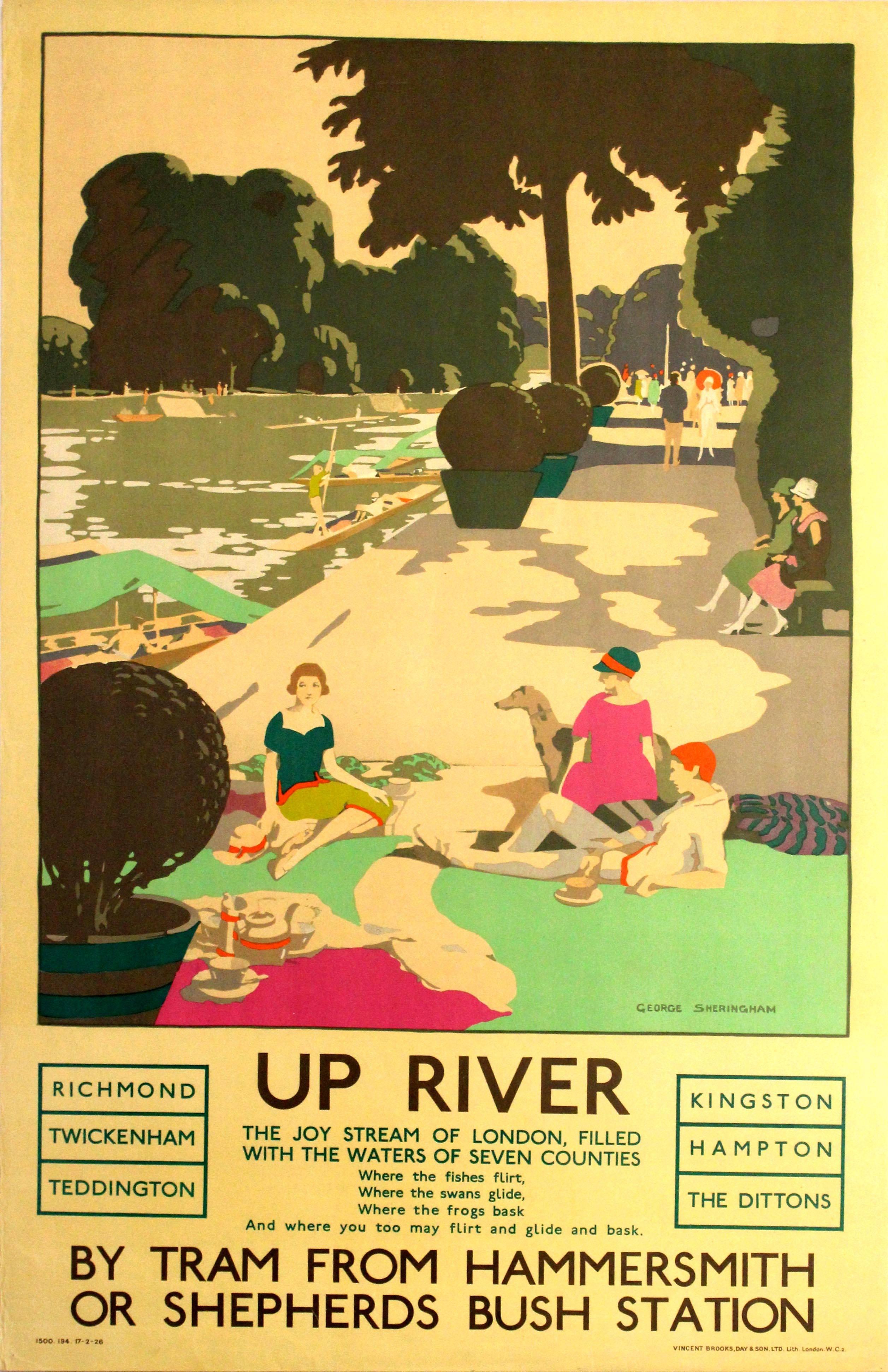 George Sheringham Print - Original Vintage 1926 London Transport Poster: Up River The Joy Stream Of London
