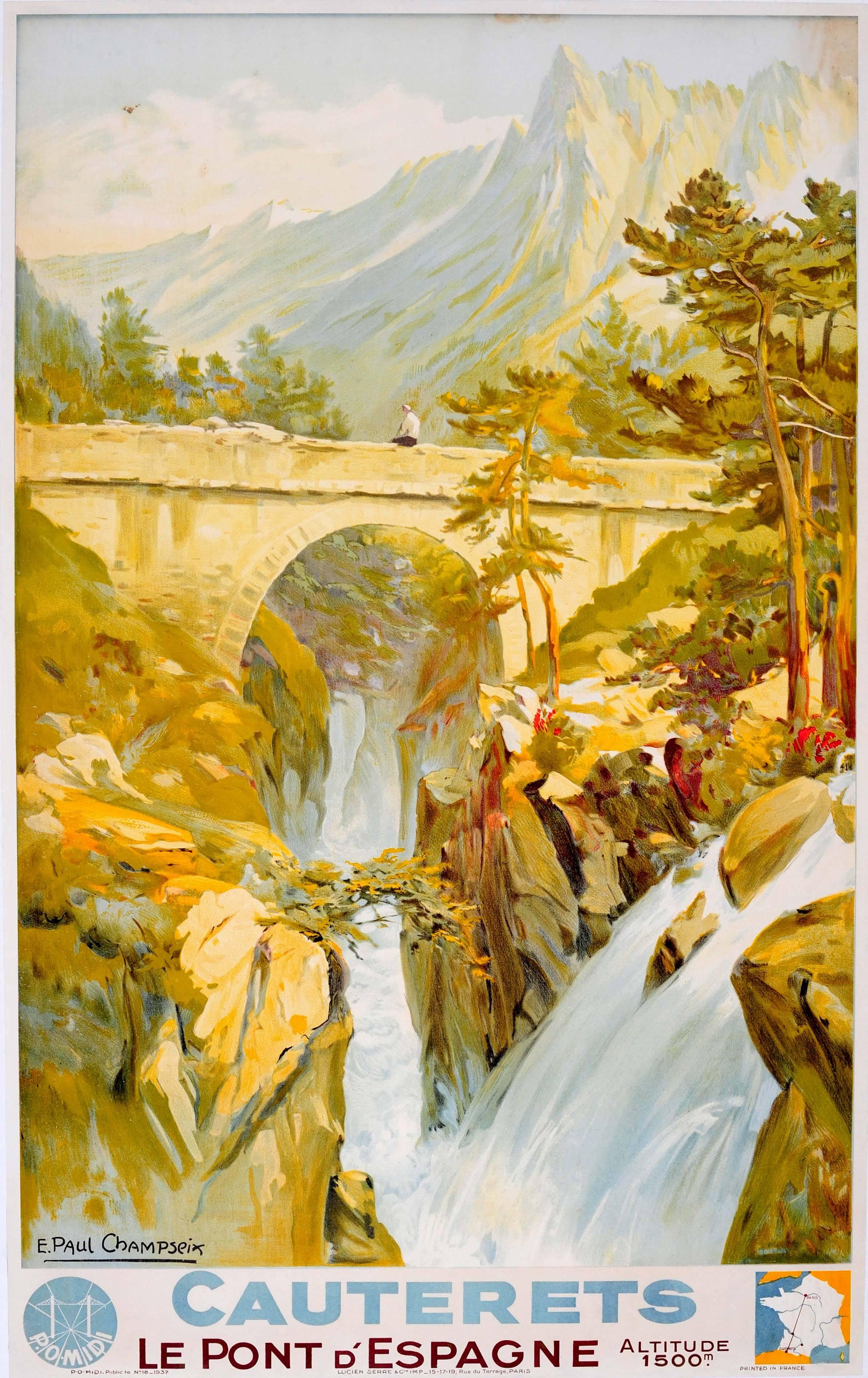 E. Paul Champseix Print – Original Vintage-Reise-Werbeplakat Cauterets Pont d'Espagne, Frankreich, 1930er Jahre