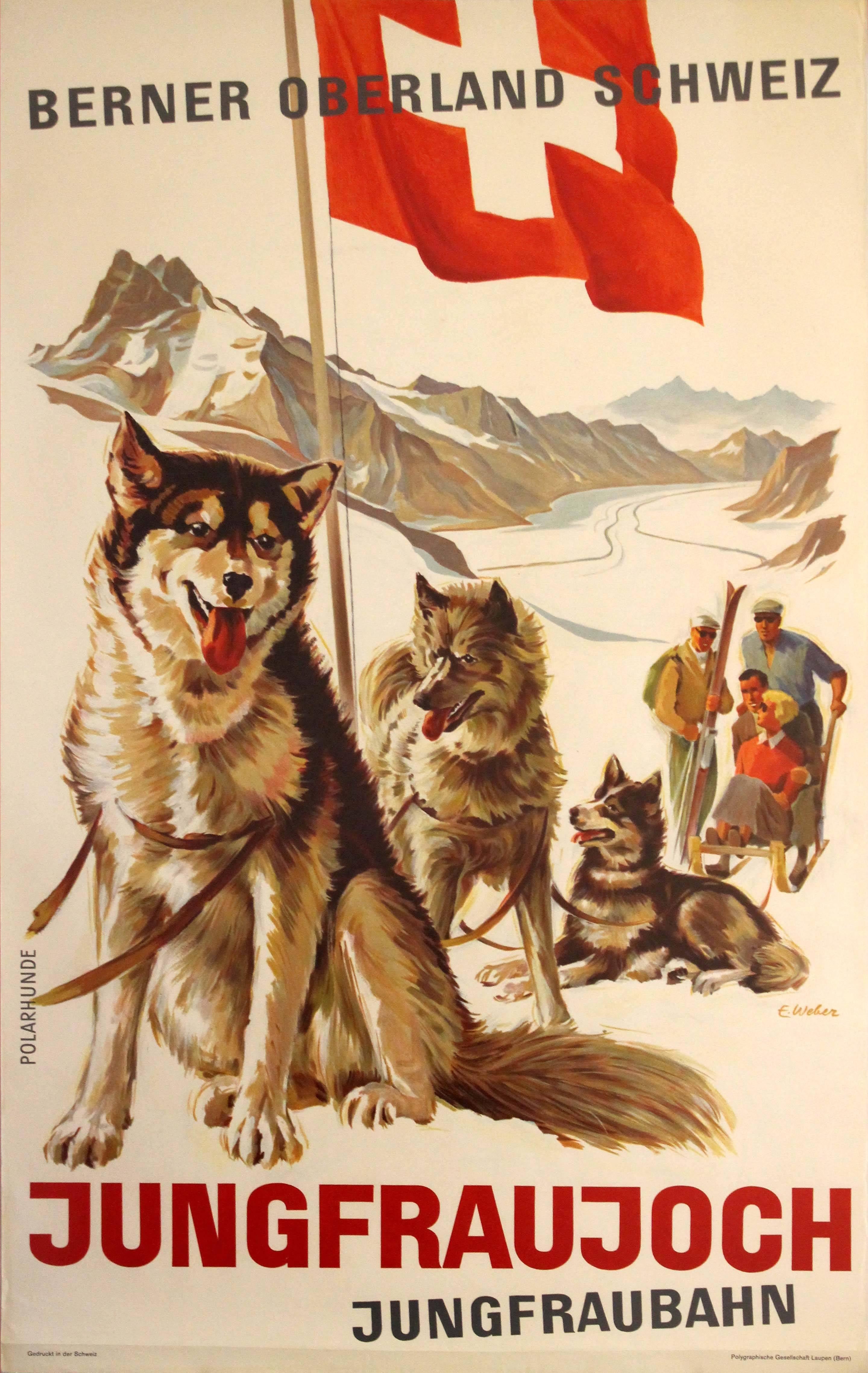 Ed Weber Print - Original Vintage Swiss Travel Poster For Jungfraujoch Switzerland - Polar Dogs
