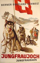 Original Vintage Swiss Travel Poster For Jungfraujoch Switzerland - Polar Dogs