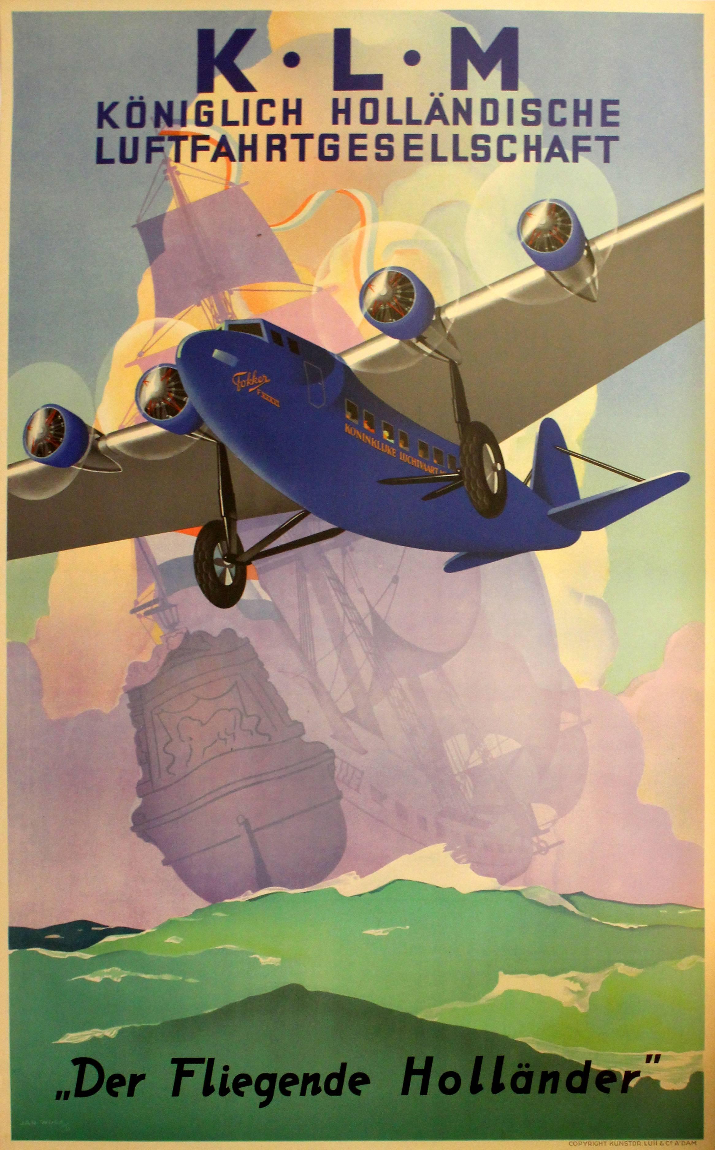 Jan Wijga Print - Original Vintage 1933 KLM Travel Advertising Poster: The Flying Dutchman - Wijga