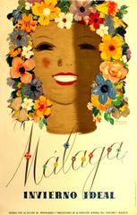Original Vintage 1950s Travel Advertising Poster For Malaga Spain - Ideal Winter