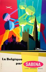 Vintage Original Mid-Century Sabena Poster For Belgium Featuring The Brussels Atomium