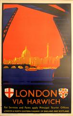 Affiche originale des années 1930 sur les chemins de fer de Londres et du Nord-Est - London Via Harwich LNER