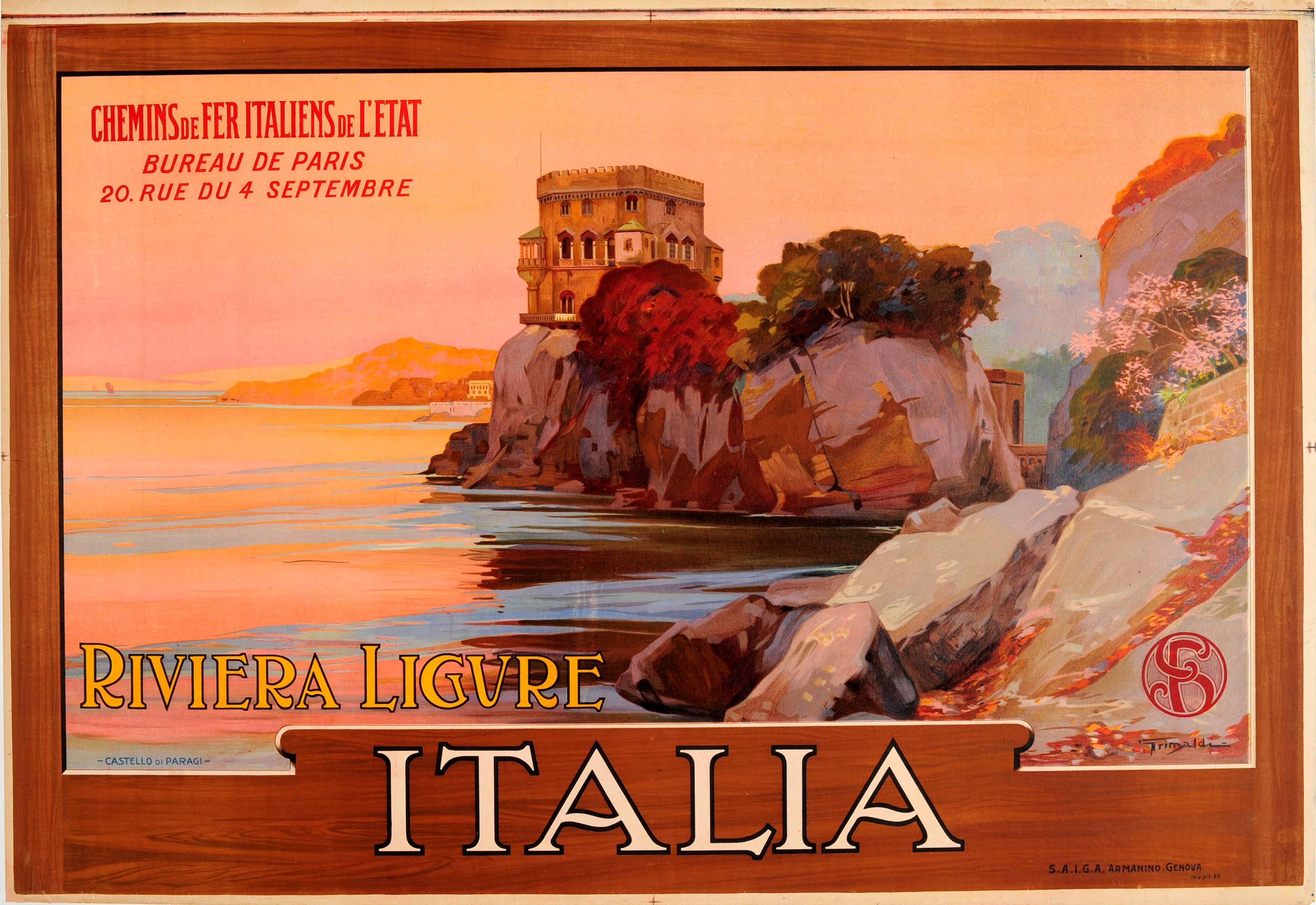 Grimaldi Print - Original 1913 State Railway Poster: Castello di Paraggi - Riviera Ligure - Italy