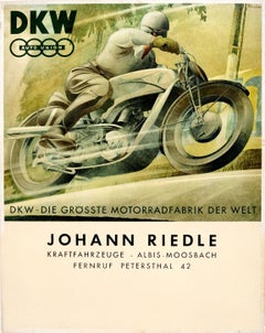 Original Vintage 1930s German Advertising Poster For DKW Auto Union Motorcycles 