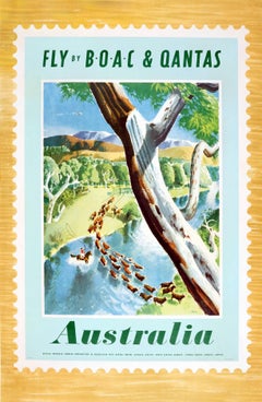 Original Vintage BOAC Travel Advertising Poster - Fly BOAC & Qantas - Australia