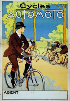 Original Antique 1920s Poster For Automoto Motos - Bicycles & Motorcycles France