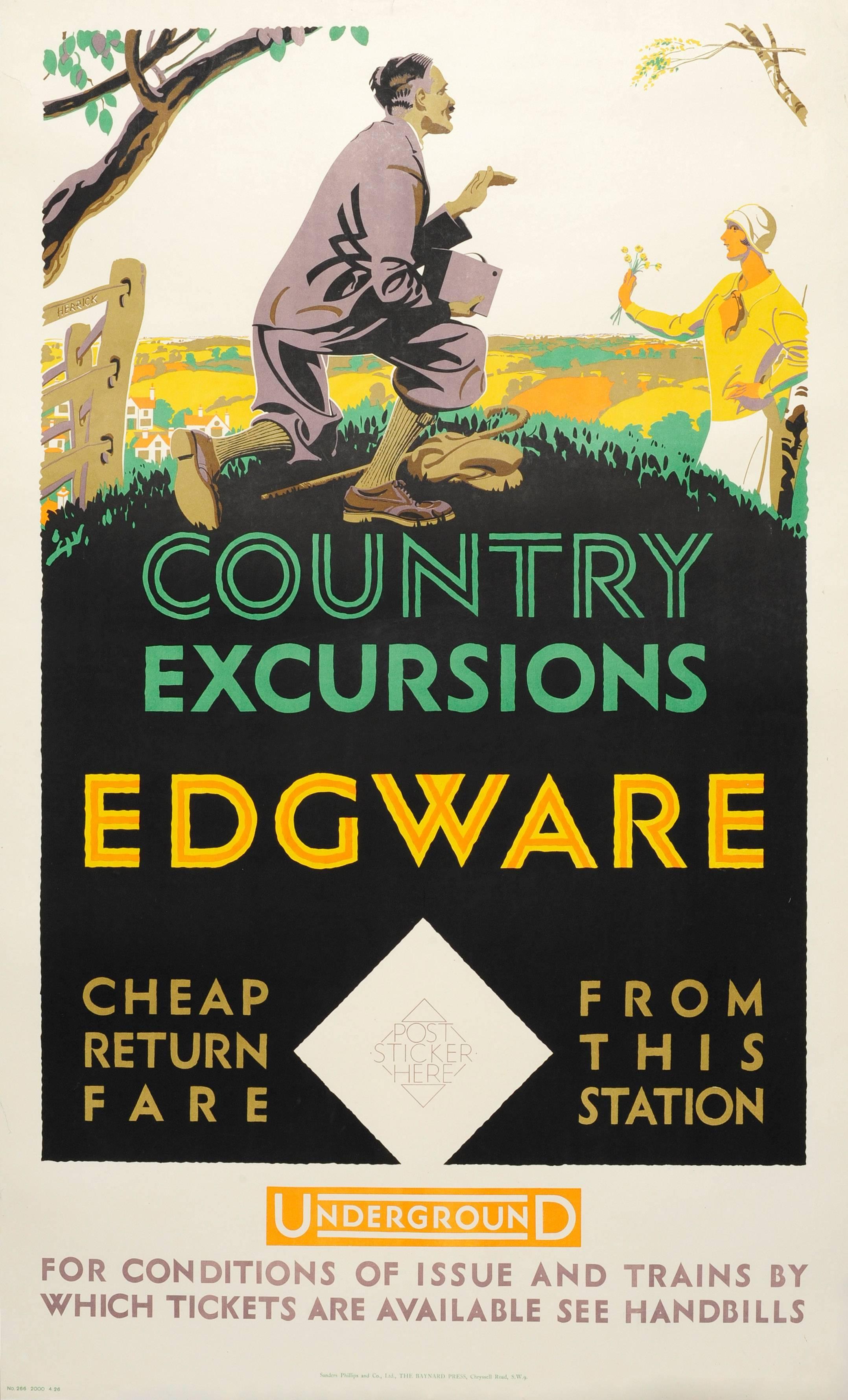 Frederick Charles Herrick Print - Original Vintage 1926 London Underground Poster - Country Excursions - Edgware