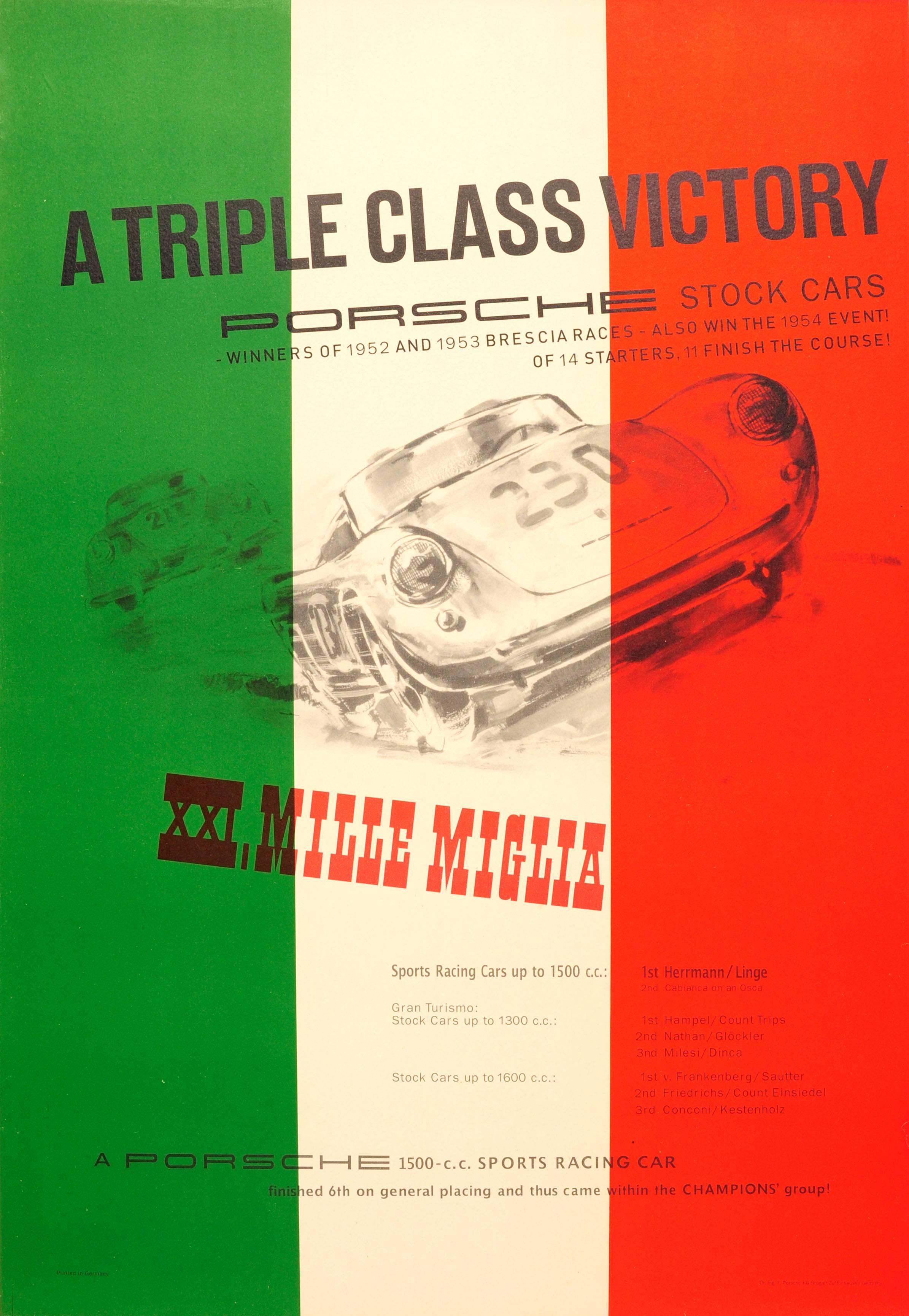 Unknown Print - Original 1954 Car Racing Poster - XXI Mille Miglia - Porsche Stock Cars Victory