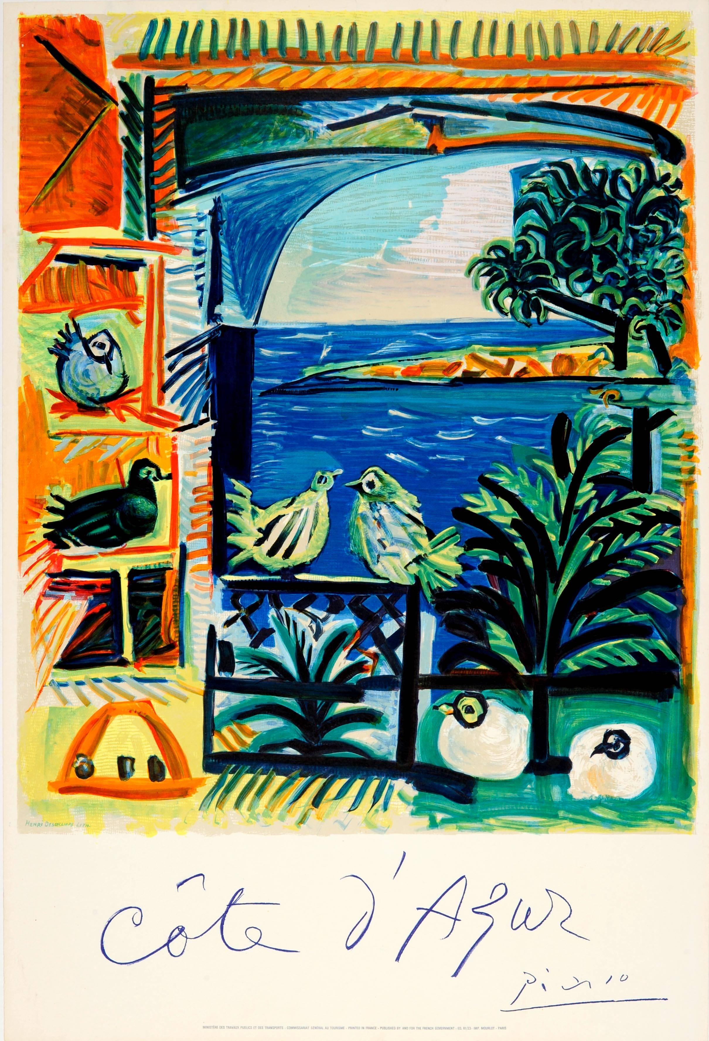 Original vintage travel poster advertising the Cote d'Azur - the French Riviera - by the notable Spanish artist and sculptor, Pablo Picasso (1881-1973). Colourful painting of a view of the Mediterranean sea viewed from the terrace of a seaside house