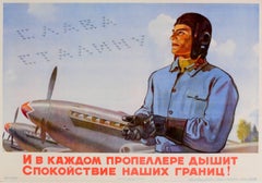 Used Original Soviet Propaganda Poster "Glory To Stalin" Featuring An Air Force Pilot