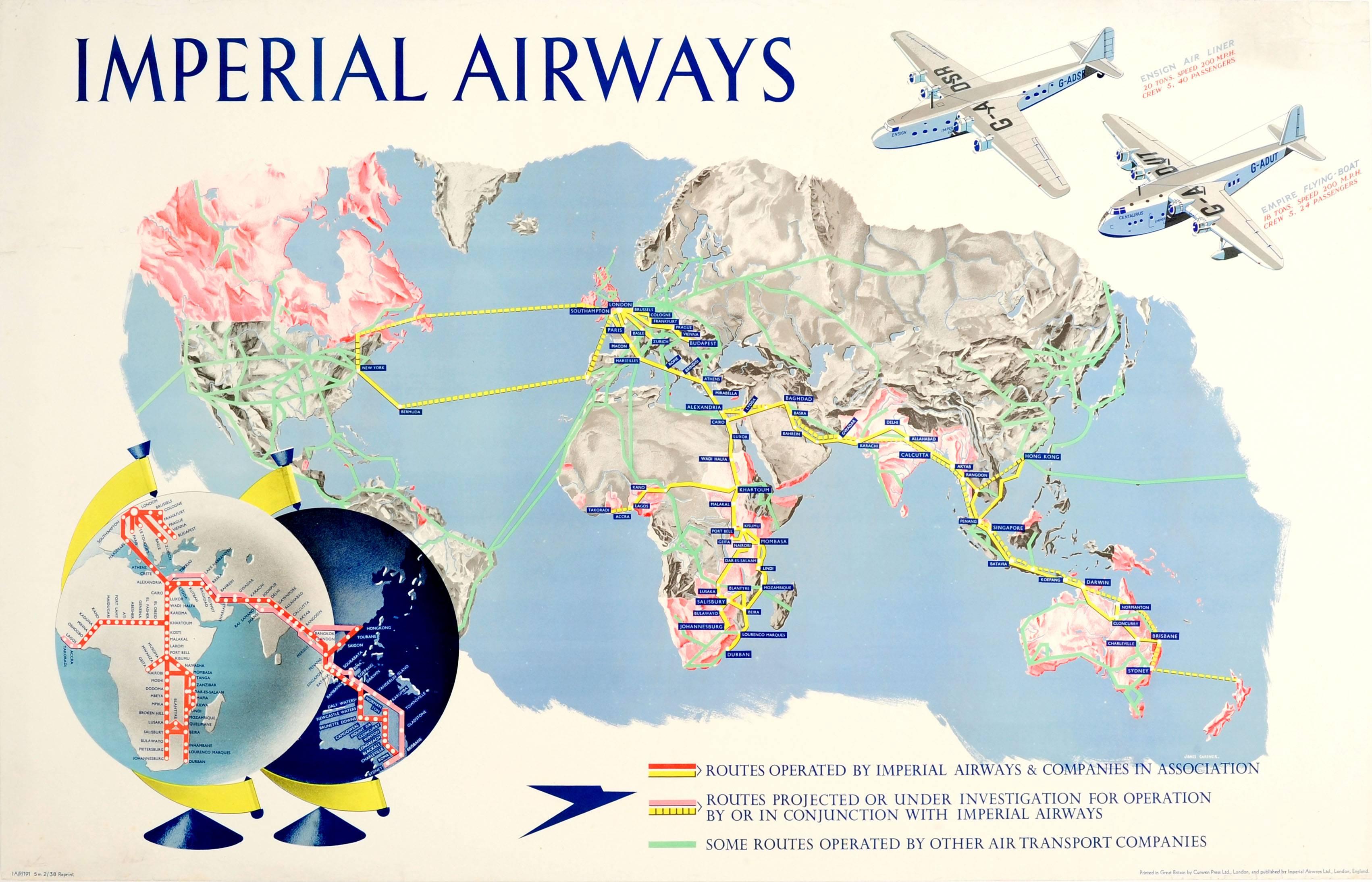 James Gardner Print - Original 1938 Imperial Airways Travel Advertising Poster - Speedbird Route Map