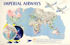 Vintage Original 1938 Imperial Airways Travel Advertising Poster - Speedbird Route Map