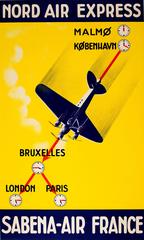 Original Vintage Travel Advertising Poster: Nord Air Express - Sabena Air France