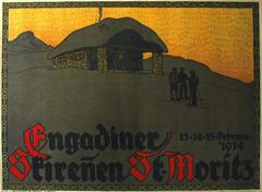 Original Antique 1914 Winter Skiing Poster For St Moritz Engadiner Switzerland