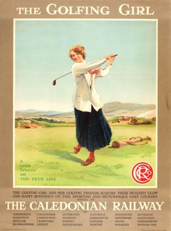 Affiche originale des chemins de fer de Caledonien datant d'environ 1910 - La fille qui joue au golf en Écosse 