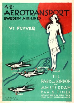 Cartel publicitario de viajes Art Decó original: AB Aerotransport Líneas Aéreas Suecas