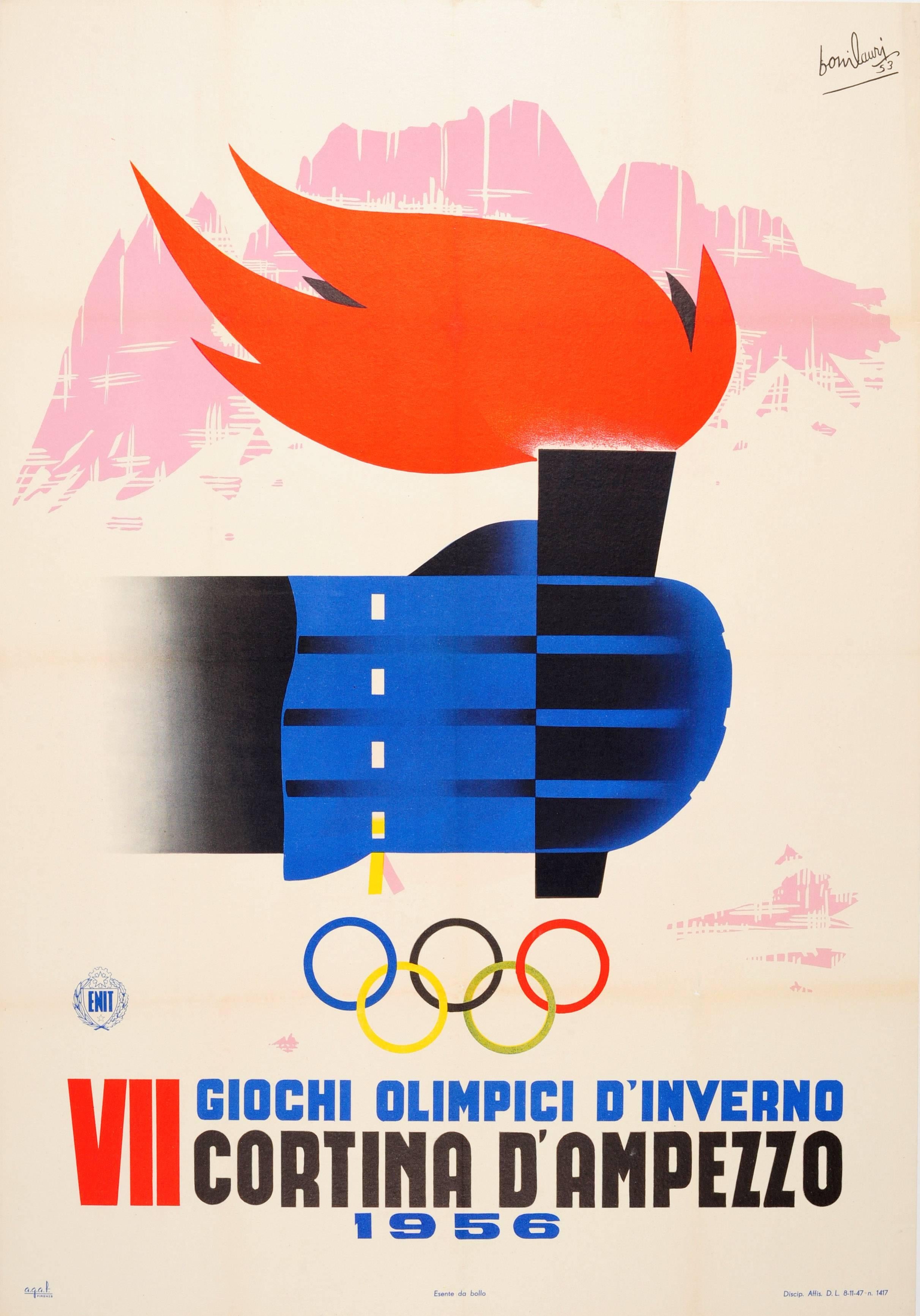 Mario Bonilauri Print - Original Vintage 1956 Winter Sport Poster - VII Olympic Games - Cortina Italy